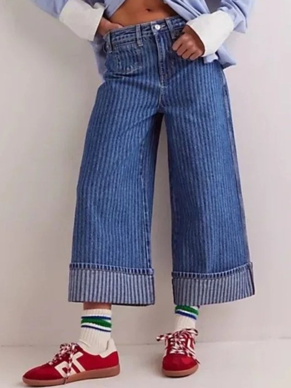 Free People We The Free Brette Cropped Wide Leg Jeans Railroad Pinstripe Size 26